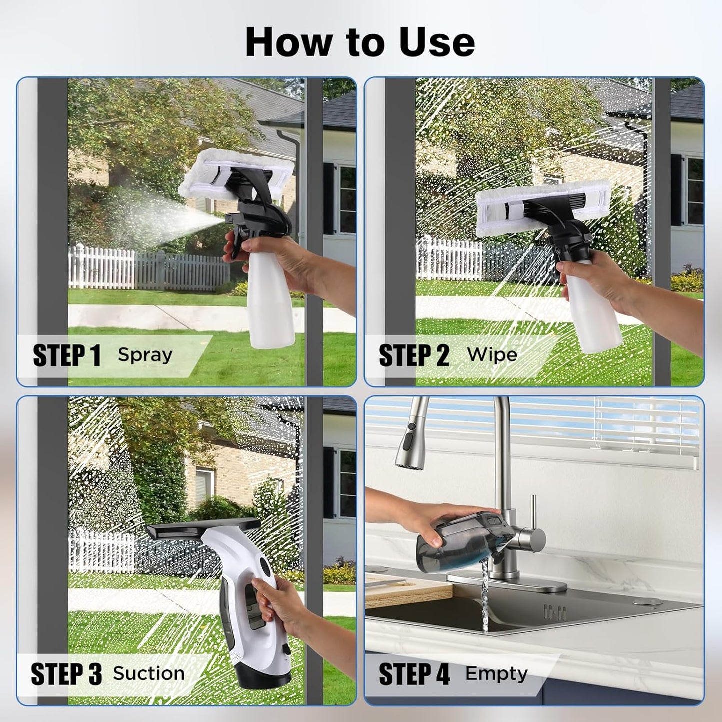 Window Vacuum Squeegee Cordless, 2000Pa Electric Window Cleaner Tool