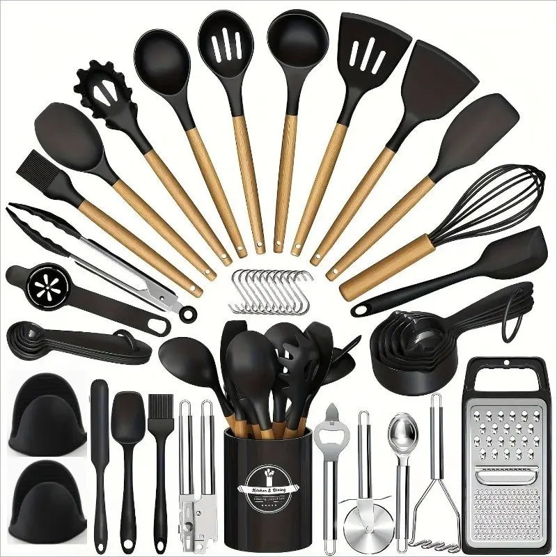 45-Piece Silicone Kitchen Utensil Set with Heat-Resistant Wooden Handles, Non-Stick Coating, Multi-Functional Spoons & Spatulas, Easy-To-Clean Cooking Tools