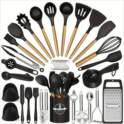 45-Piece Silicone Kitchen Utensil Set with Heat-Resistant Wooden Handles, Non-Stick Coating, Multi-Functional Spoons & Spatulas, Easy-To-Clean Cooking Tools