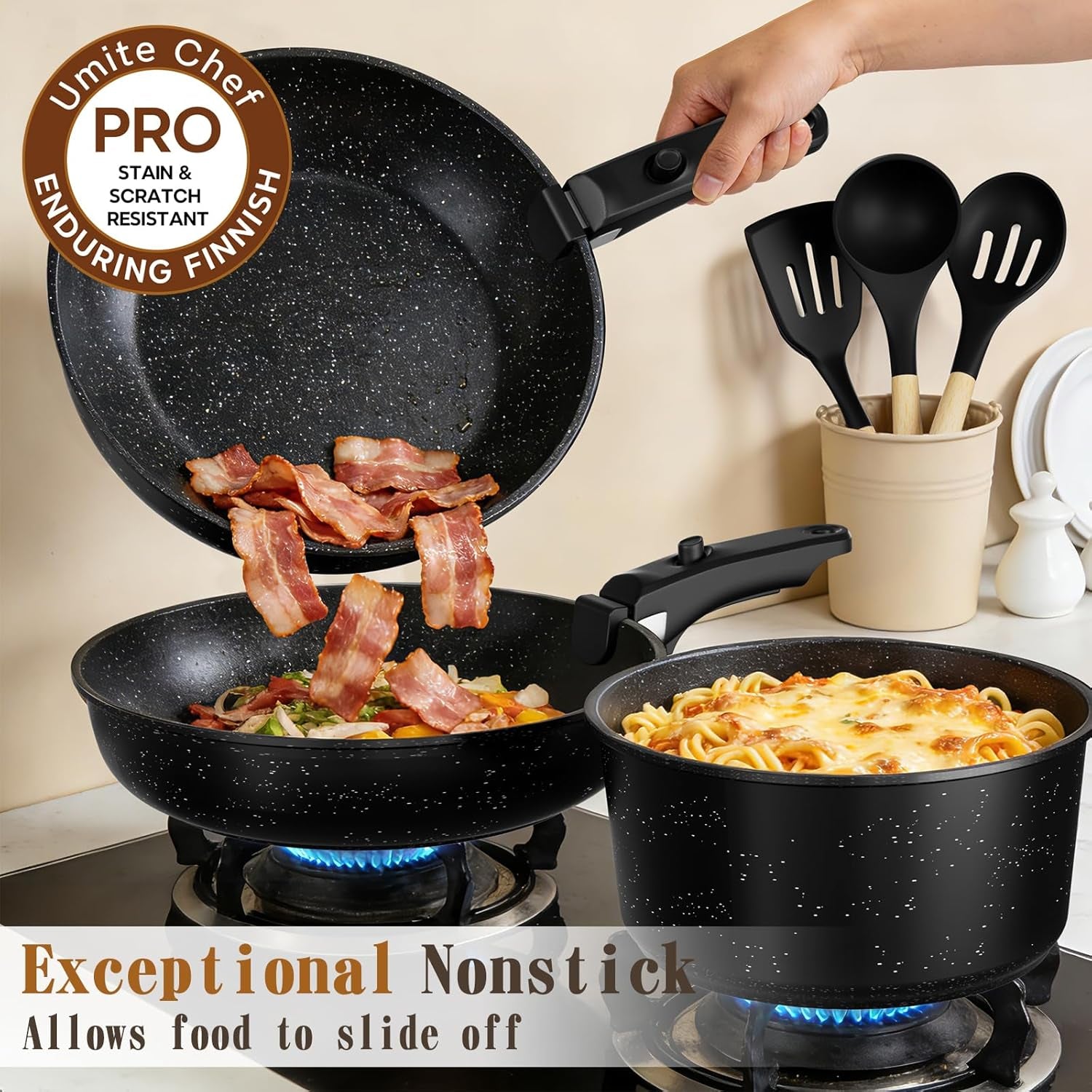 21Pcs Pots and Pans Set Non Stick, Nonstick Ceramic Cookware Sets Detachable Handle, Non Toxic Healthy Induction Cookware, Kitchen Cooking Set, with Frying Pans Set, Dishwasher/Oven Safe