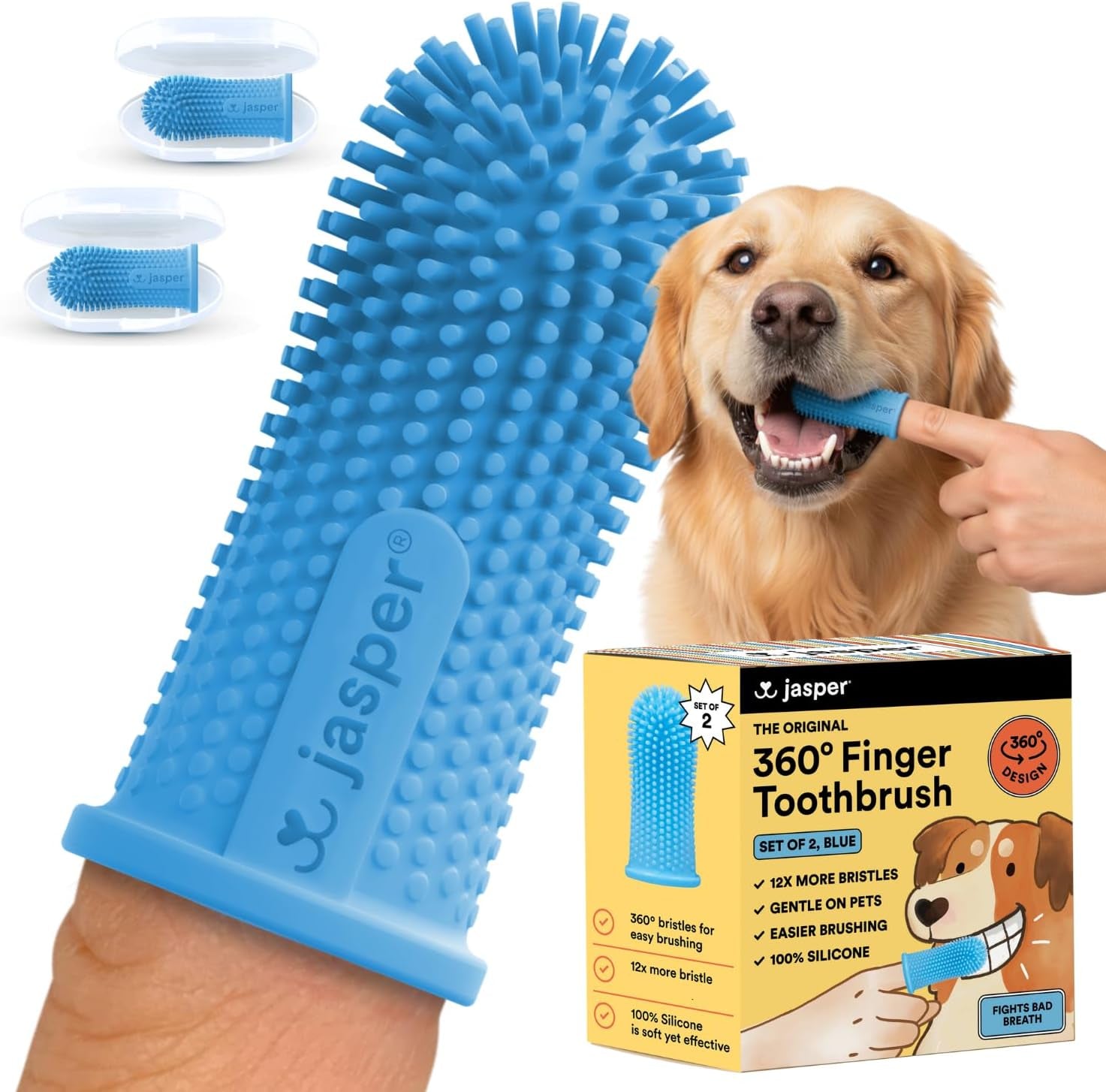 Dog Toothbrush, 360° Finger Toothbrush for Dogs & Cats, Blue 2-Pack