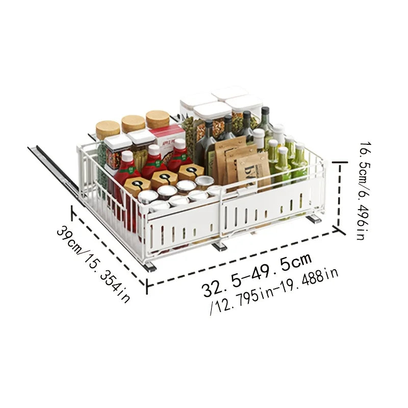 Retractable Drawer Organizer Basket-Under-Cabinet/Pull-Out Shelf with Space-Saving Foldable Design, Stainless Steel Construction