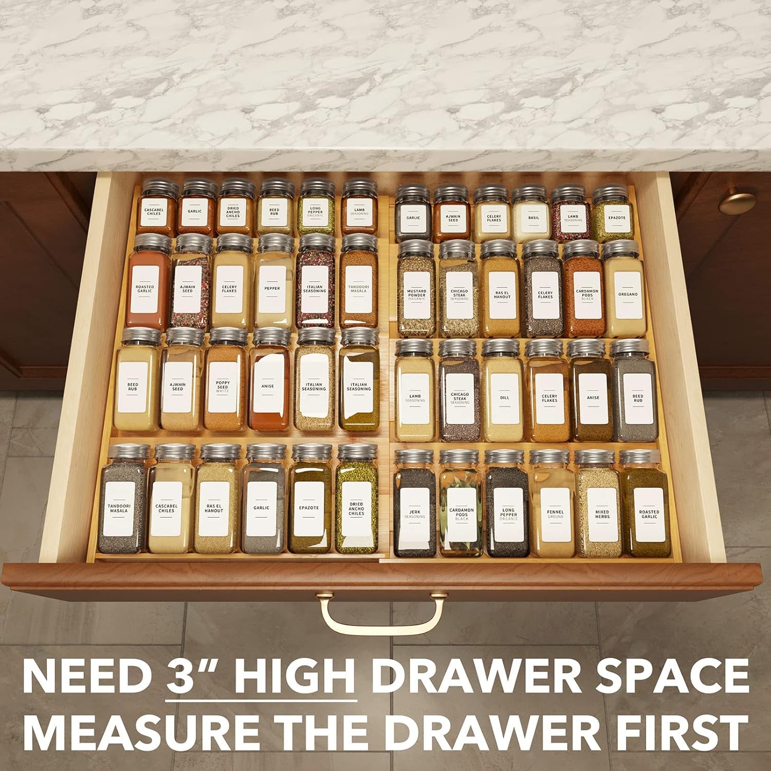 Bamboo Spice Drawer Organizer, (Need 3" Deep Drawer) Expandable 4 Tier Spices Rack for Cabinet, Kitchen Seasoning Storage Insert (Jars Not Included, from 12" to 23" Wide)