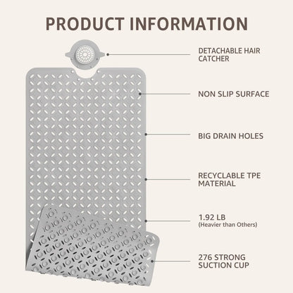 OTHWAY Soft Anti-Slip Pad Bath Mat, 39In X 17In Tub Grip Mat with Hair Catcher, Big Drain Holes, Machine Washable for Shower Use, Anti-Slip Pad Bath Mats