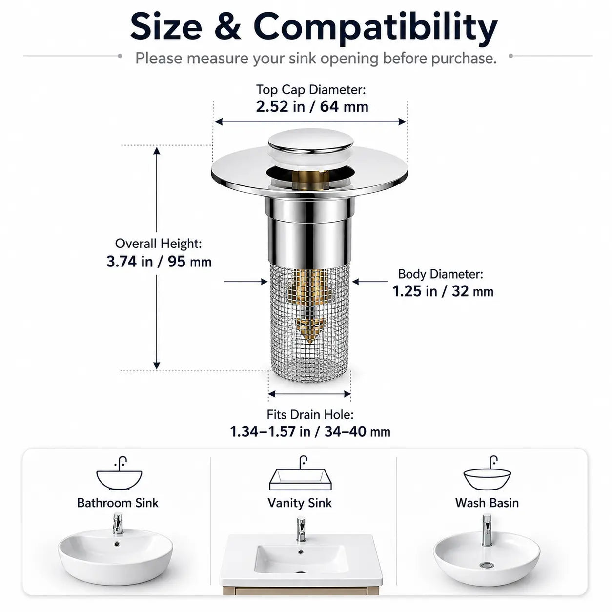 Universal Pop-Up Sink Drain Stopper with Stainless Steel Filter Basket Anti-Clog Debris Catcher Easy Install for Bathroom Kitchen