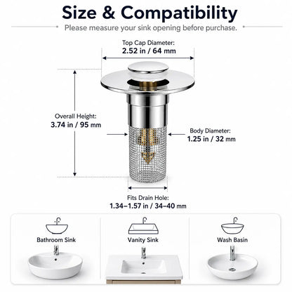 Universal Pop-Up Sink Drain Stopper with Stainless Steel Filter Basket Anti-Clog Debris Catcher Easy Install for Bathroom Kitchen