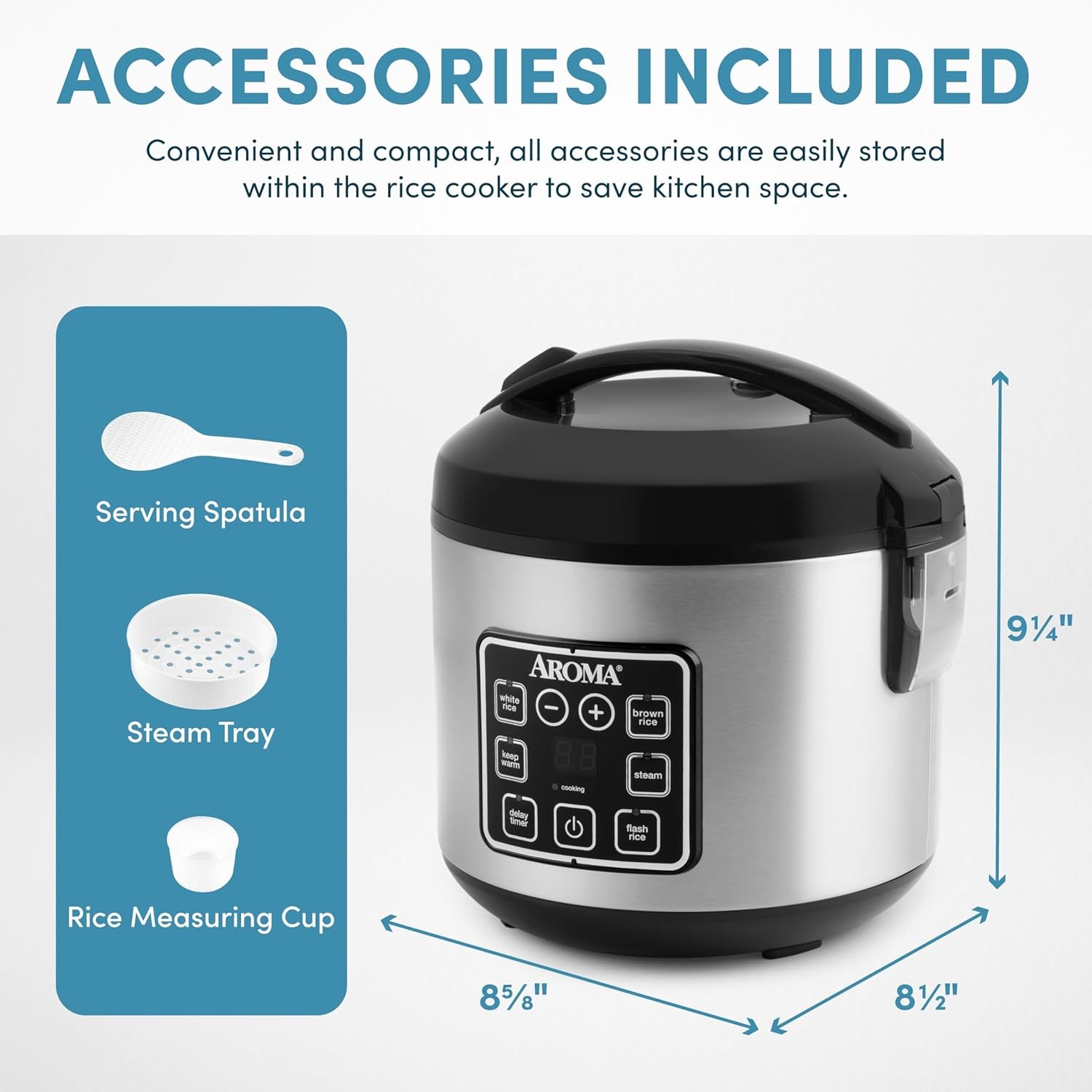 Digital Rice Cooker, 4-Cup (Uncooked) / 8-Cup (Cooked), Steamer, Grain Cooker, Multicooker, 2 Qt, Stainless Steel Exterior, ARC-914SBD