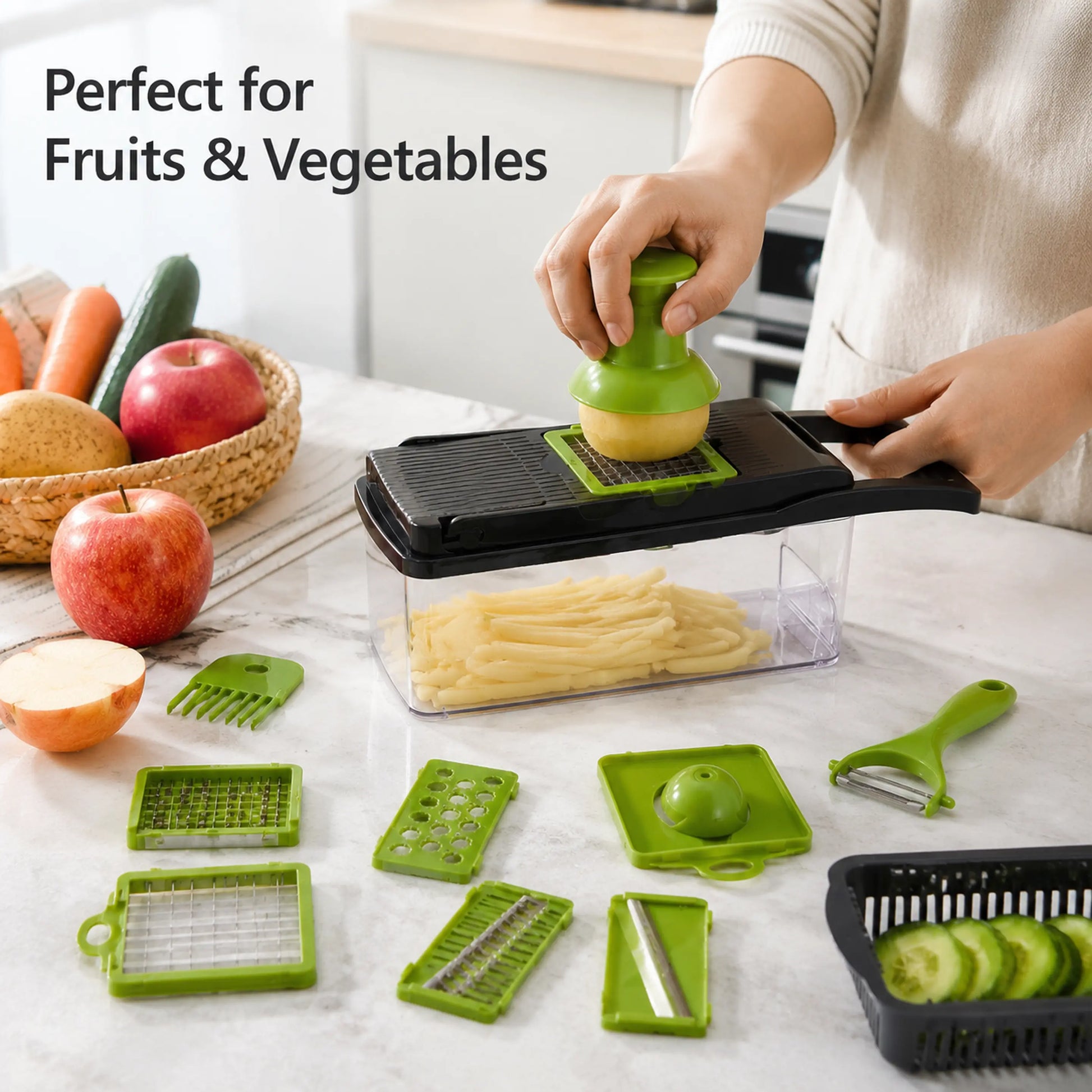 15-In-1 Transparent Mandoline Slicer & Vegetable Chopper Set, Multi-Functional Dicer Shredder with Storage Container, Safe Ergonomic Kitchen Utensils, Easy-To-Clean Meal Prep Gadget for Onions, Carrots, Potatoes & Vegetables