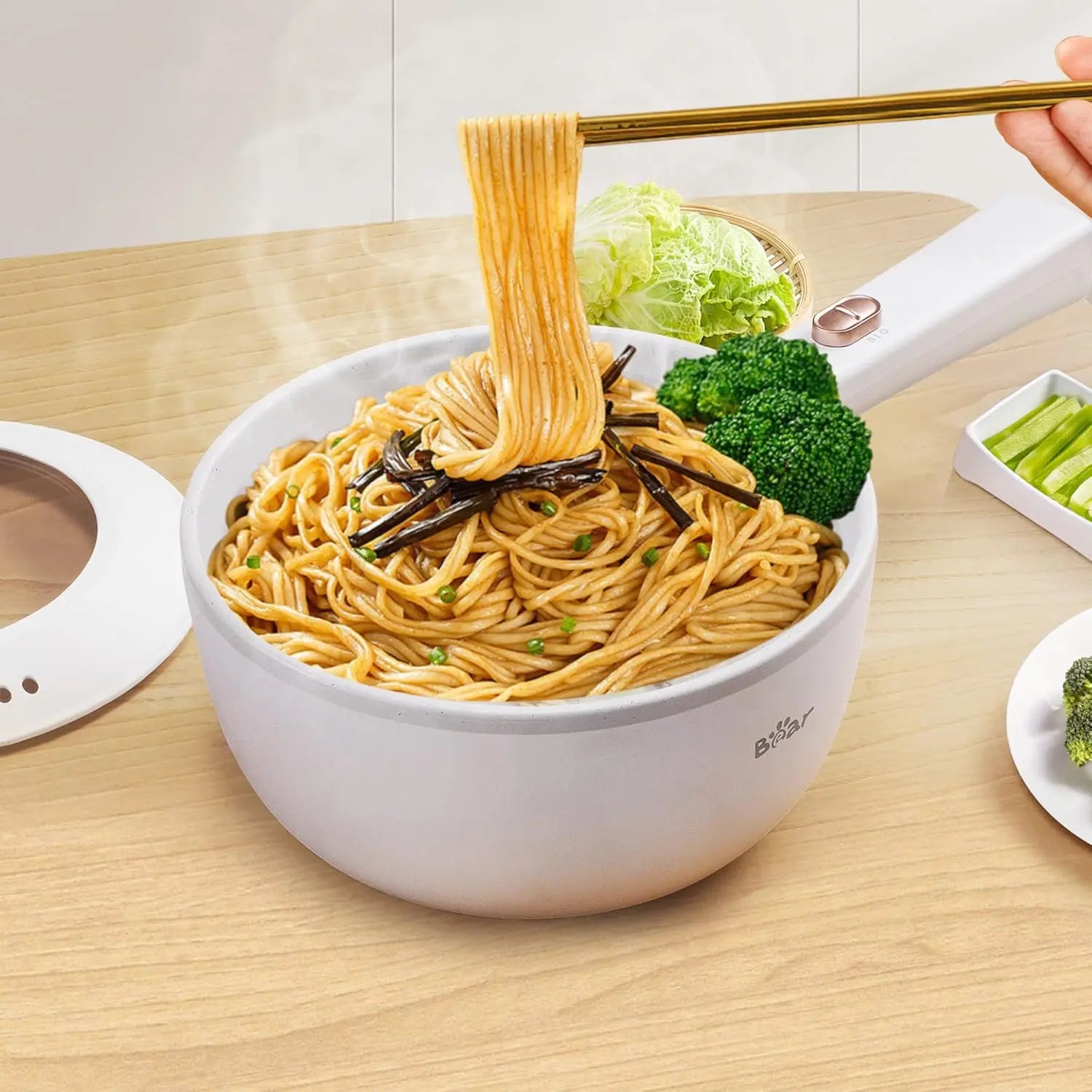 Bear Hot Pot Electric, 2L Multifunctional Portable Cooking Pot, 1000W Rapid Noodles Electric, Non-Stick Frying Pans for Steak, Egg, Ramen, Oatmeal with Dual Power Adjustment