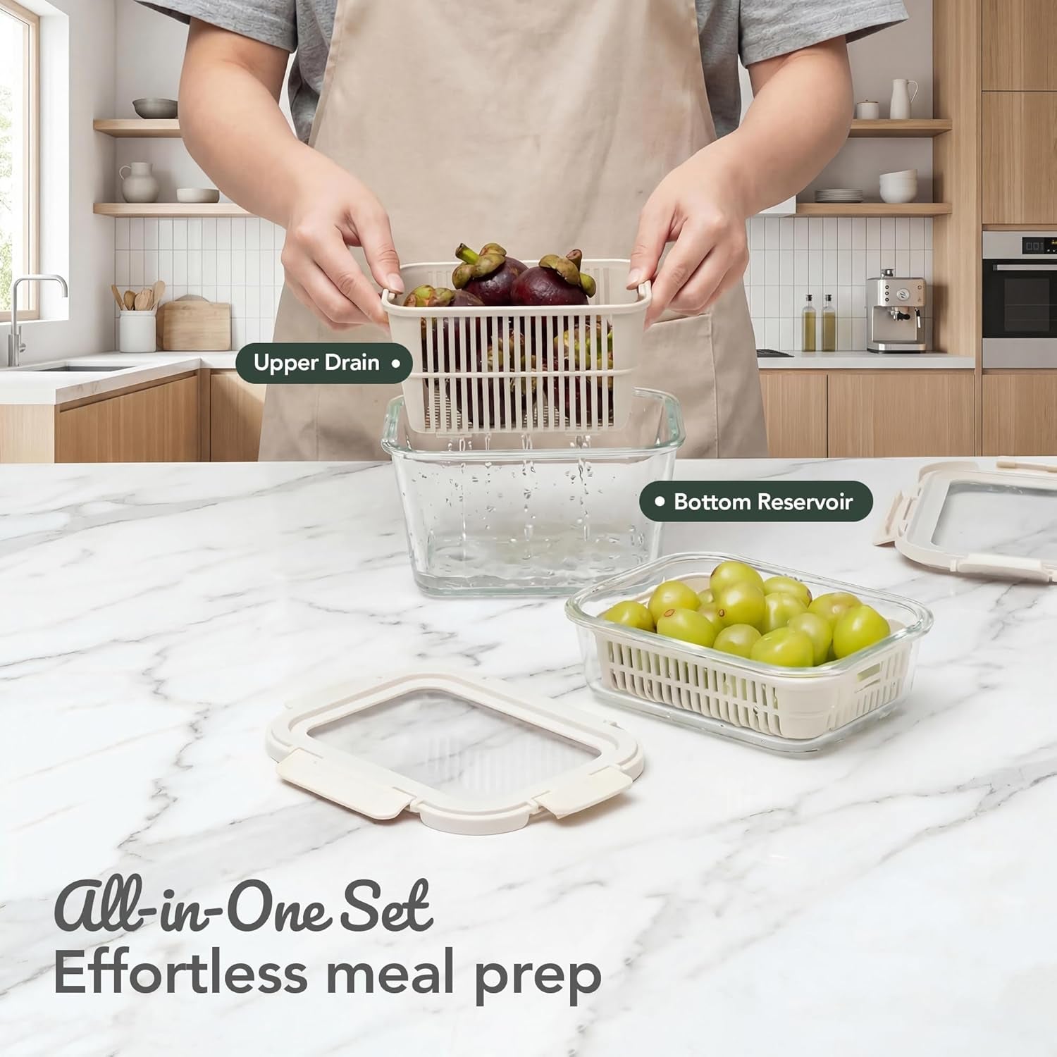 Glass Produce Storage Containers for Fridge, 2-Pack – Airtight Fruit & Vegetable Containers with Removable Colanders, Flexible Silicone Lids,Leakproof, Bpa-Free Borosilicate Glass