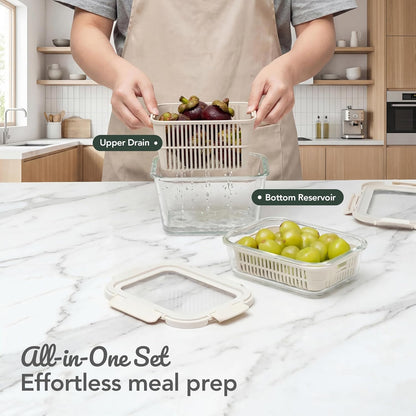 Glass Produce Storage Containers for Fridge, 2-Pack – Airtight Fruit & Vegetable Containers with Removable Colanders, Flexible Silicone Lids,Leakproof, Bpa-Free Borosilicate Glass