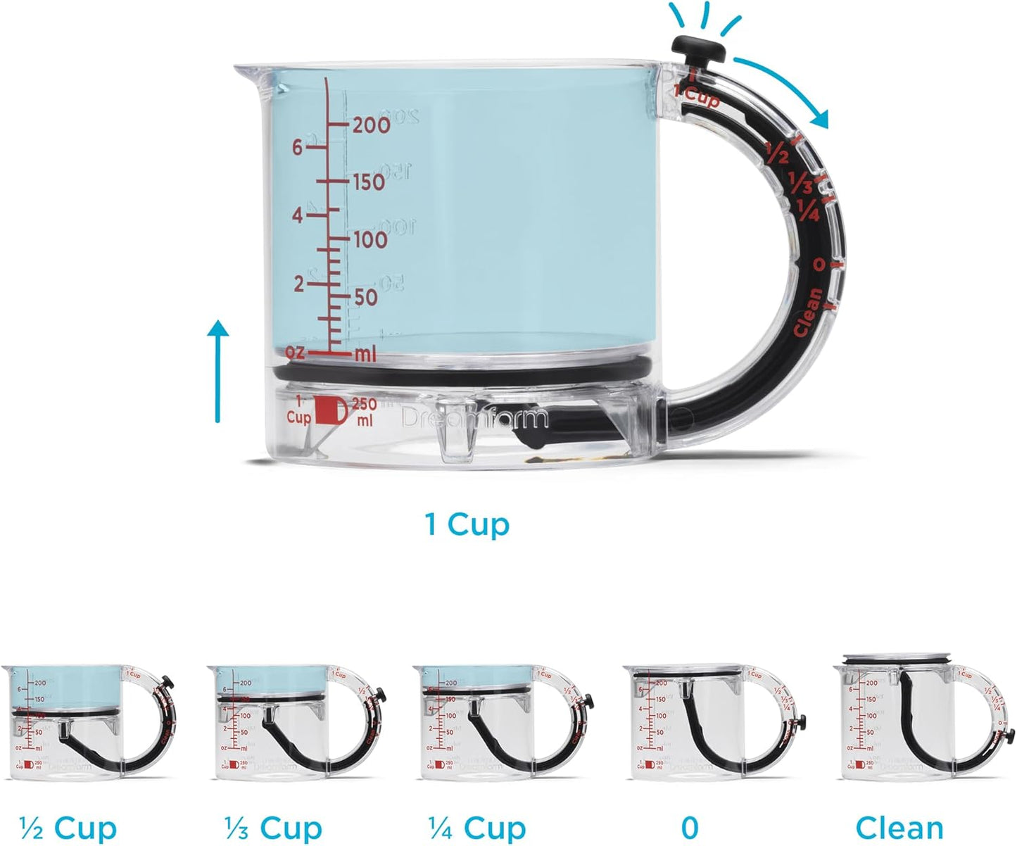 Upcup All-In-1 Adjustable Measuring Cup, Metric & Imperial Measurements up to 1 Cup - Black/Clear