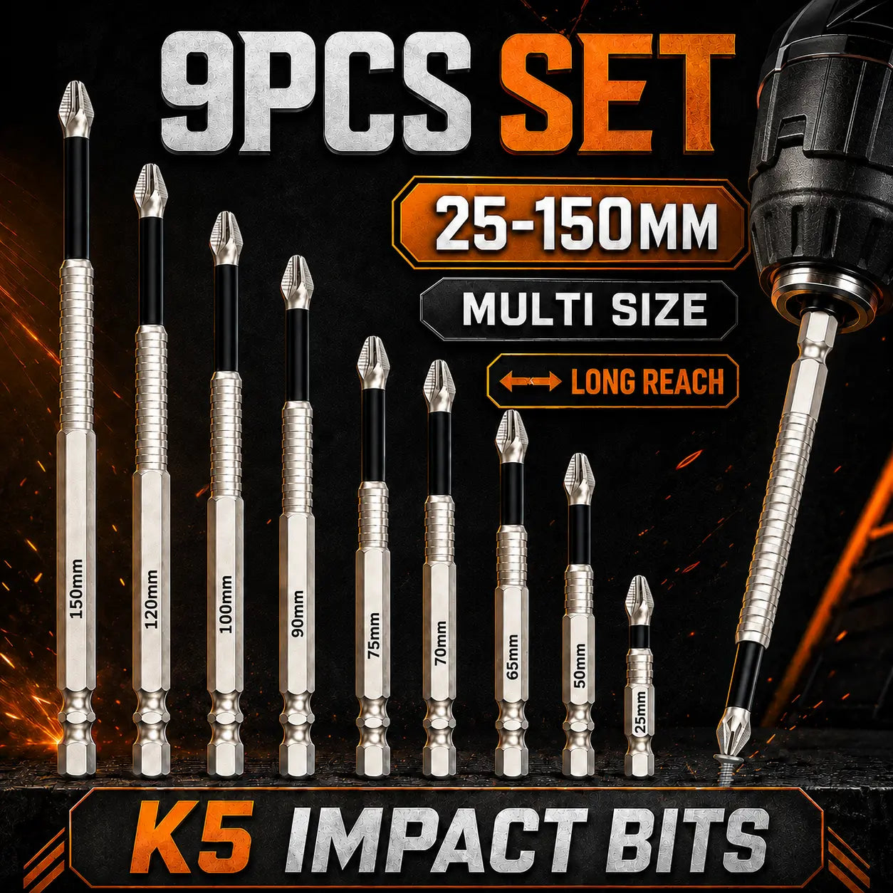 6/9PCS Magnetic Driver Bit Set, S2 Steel Phillips Screwdriver Bits 25Mm-150Mm, 1/4 Inch Hex Shank Anti-Slip Power Bits for Drill and Electric Screwdriver Strong Titanium Alloy Impact Non-Slip