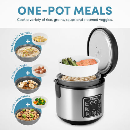 Digital Rice Cooker, 4-Cup (Uncooked) / 8-Cup (Cooked), Steamer, Grain Cooker, Multicooker, 2 Qt, Stainless Steel Exterior, ARC-914SBD