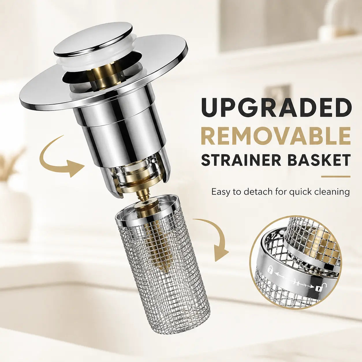 Universal Pop-Up Sink Drain Stopper with Stainless Steel Filter Basket Anti-Clog Debris Catcher Easy Install for Bathroom Kitchen