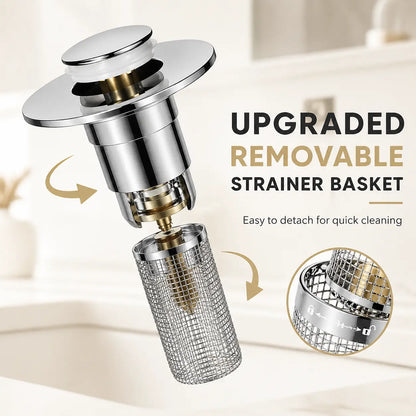 Universal Pop-Up Sink Drain Stopper with Stainless Steel Filter Basket Anti-Clog Debris Catcher Easy Install for Bathroom Kitchen