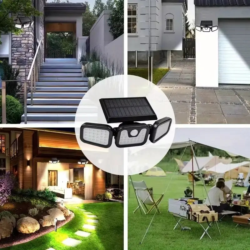 Solar Triple-Head Motion Sensor Wall Light, 3000LM 74 Leds, 270° Wide Angle, 2400Mah Battery, Motion Sensor Outdoor Light
