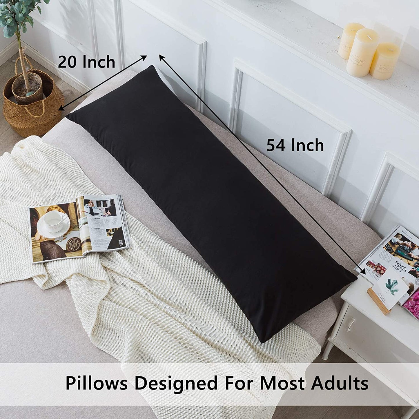 Body Pillow with Pillowcase - Soft Long Bed Pillow for Adults - Breathable Full Body Pillow Insert for Sleeping, 20X54Inches, Black