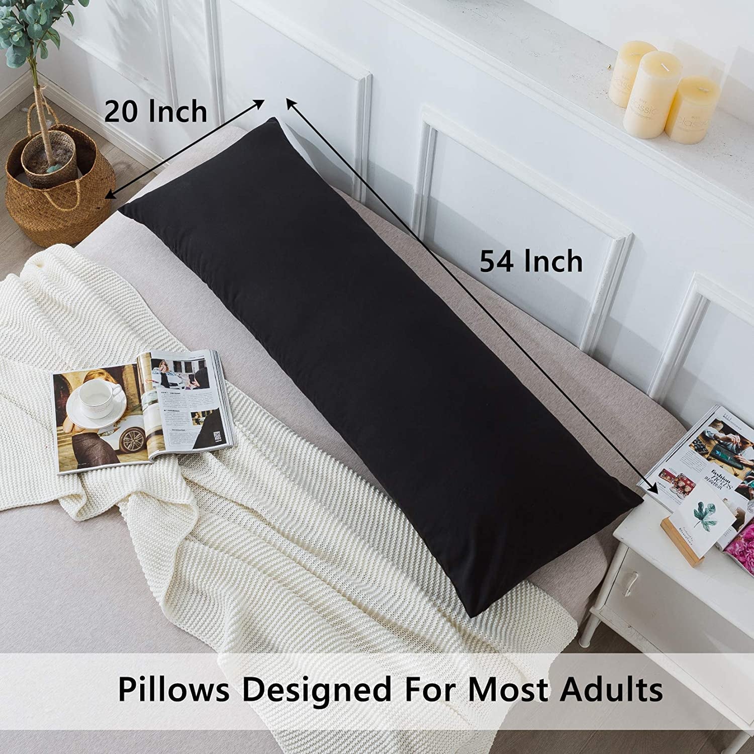 Body Pillow with Pillowcase - Soft Long Bed Pillow for Adults - Breathable Full Body Pillow Insert for Sleeping, 20X54Inches, Black