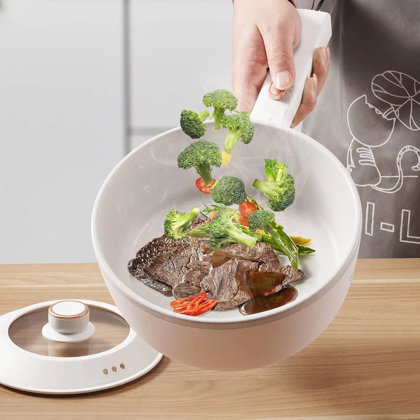 Bear Hot Pot Electric, 2L Multifunctional Portable Cooking Pot, 1000W Rapid Noodles Electric, Non-Stick Frying Pans for Steak, Egg, Ramen, Oatmeal with Dual Power Adjustment