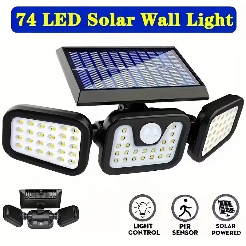 Solar Triple-Head Motion Sensor Wall Light, 3000LM 74 Leds, 270° Wide Angle, 2400Mah Battery, Motion Sensor Outdoor Light