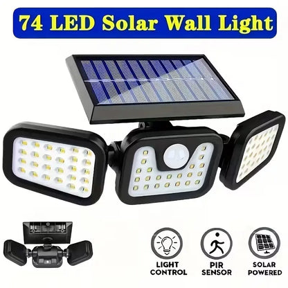Solar Triple-Head Motion Sensor Wall Light, 3000LM 74 Leds, 270° Wide Angle, 2400Mah Battery, Motion Sensor Outdoor Light