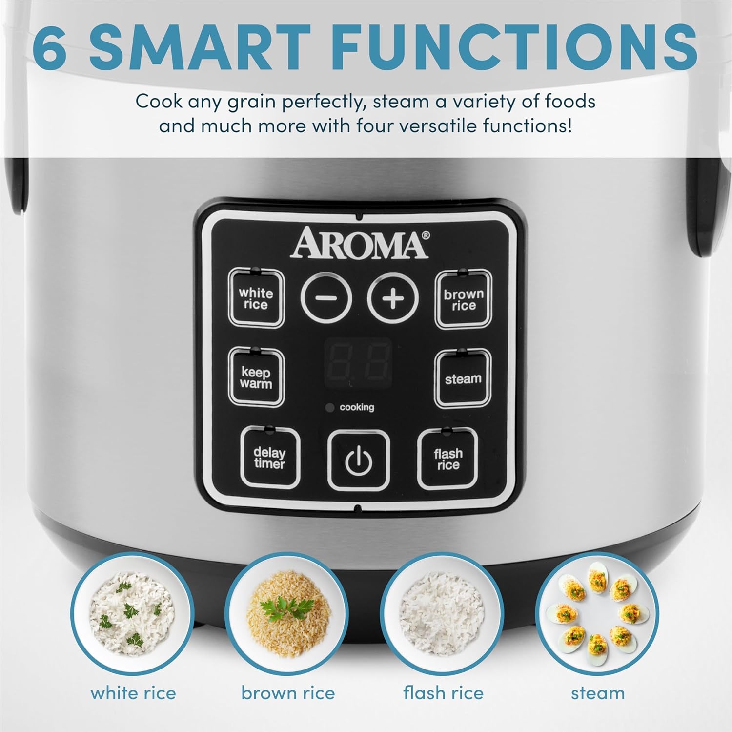 Digital Rice Cooker, 4-Cup (Uncooked) / 8-Cup (Cooked), Steamer, Grain Cooker, Multicooker, 2 Qt, Stainless Steel Exterior, ARC-914SBD