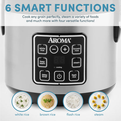 Digital Rice Cooker, 4-Cup (Uncooked) / 8-Cup (Cooked), Steamer, Grain Cooker, Multicooker, 2 Qt, Stainless Steel Exterior, ARC-914SBD