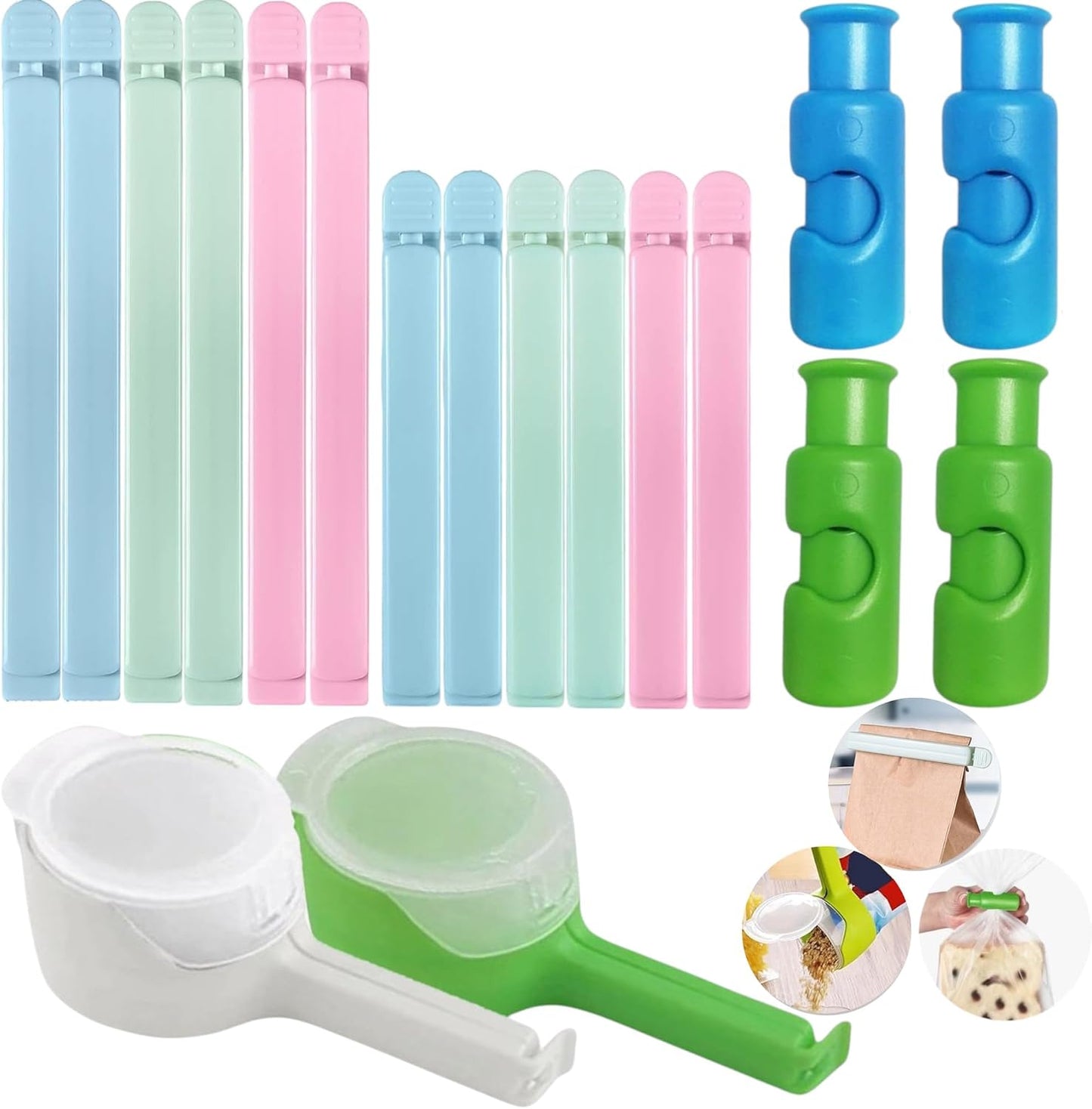 Bag Sealer Clips- Mix Pack: 12 Multisize Clips, 4 Squeeze-And-Lock for Bread Bags, 2 with Pour Spouts – for Airtight Freshness and Spill-Free Storage