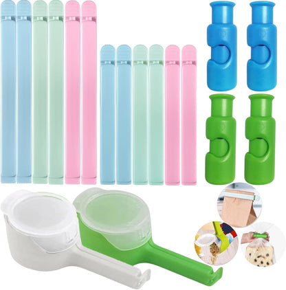 Bag Sealer Clips- Mix Pack: 12 Multisize Clips, 4 Squeeze-And-Lock for Bread Bags, 2 with Pour Spouts – for Airtight Freshness and Spill-Free Storage