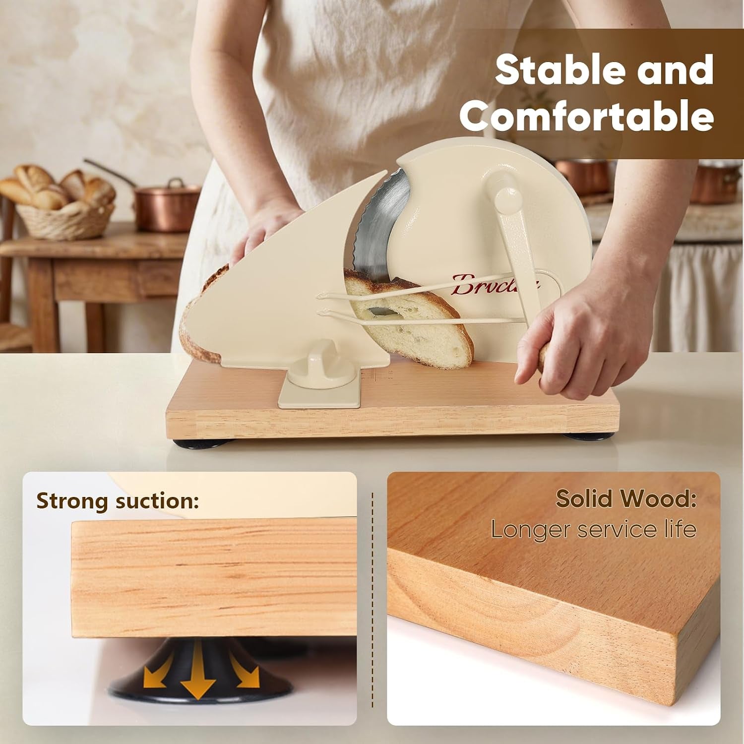 Manual Bread Slicer Adjustable Thickness, Hand Crank Bread Slicer for Homemade Sourdough Bread with Scale Line & Suction Cup & Metal Guide,Quality Solid Wood Base