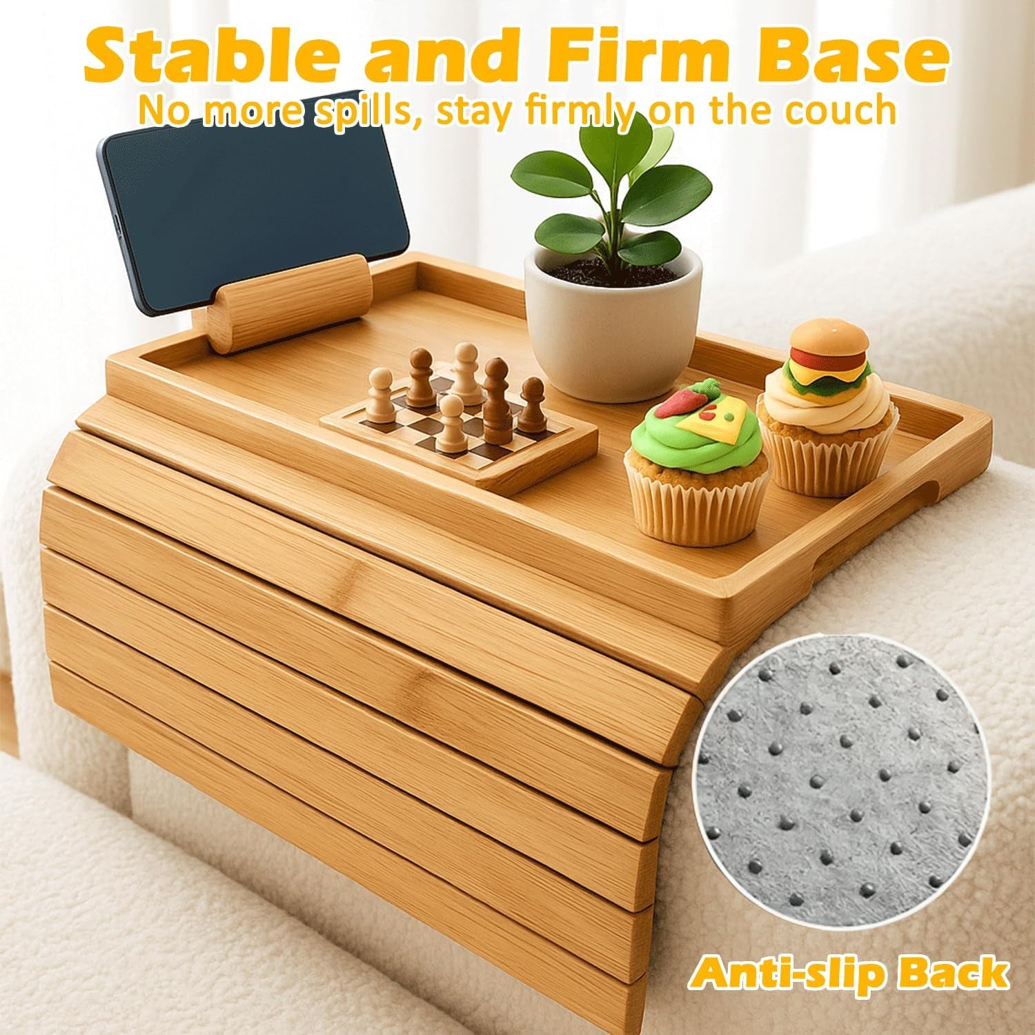 Foldable Bamboo Couch Arm Tray, Portable Armrest Caddy Tray for Sofa