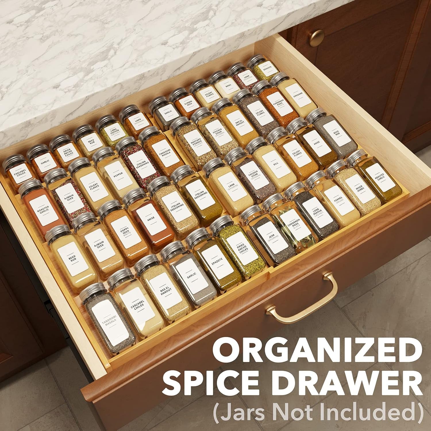 Bamboo Spice Drawer Organizer, (Need 3" Deep Drawer) Expandable 4 Tier Spices Rack for Cabinet, Kitchen Seasoning Storage Insert (Jars Not Included, from 12" to 23" Wide)
