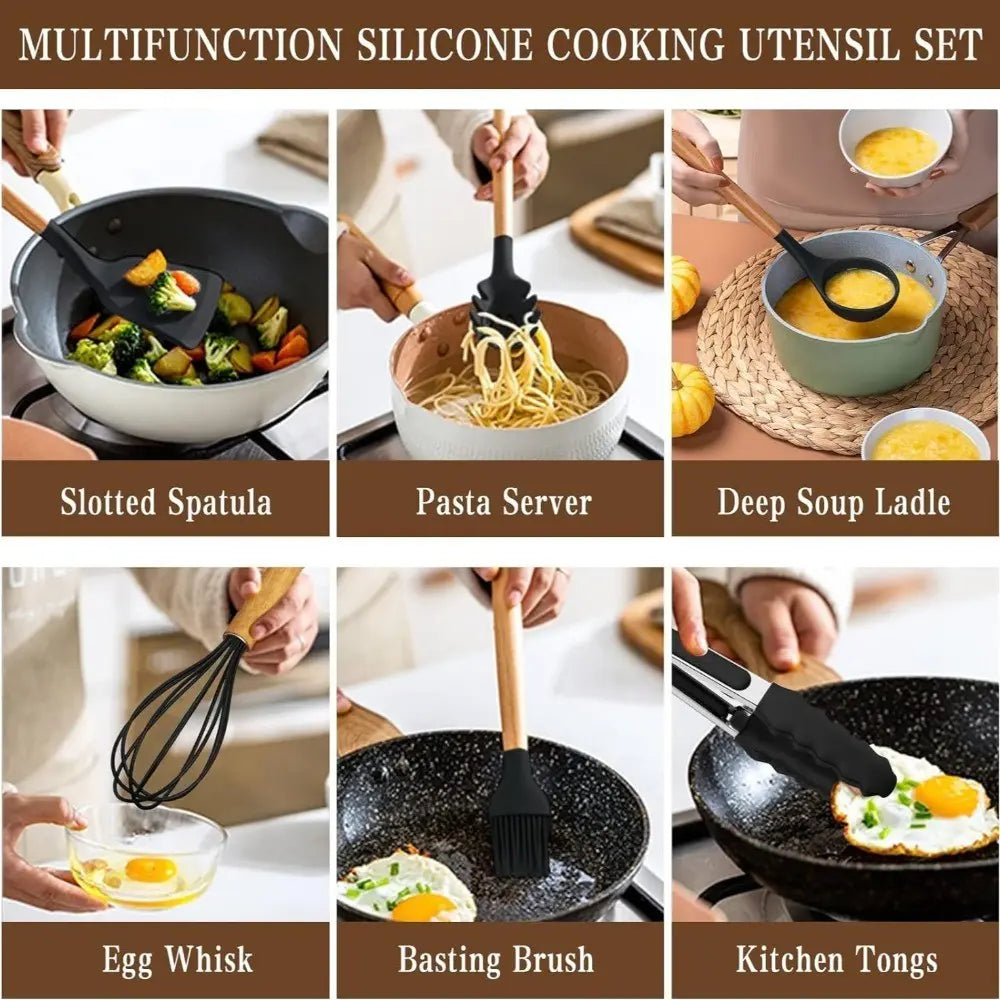 45-Piece Silicone Kitchen Utensil Set with Heat-Resistant Wooden Handles, Non-Stick Coating, Multi-Functional Spoons & Spatulas, Easy-To-Clean Cooking Tools