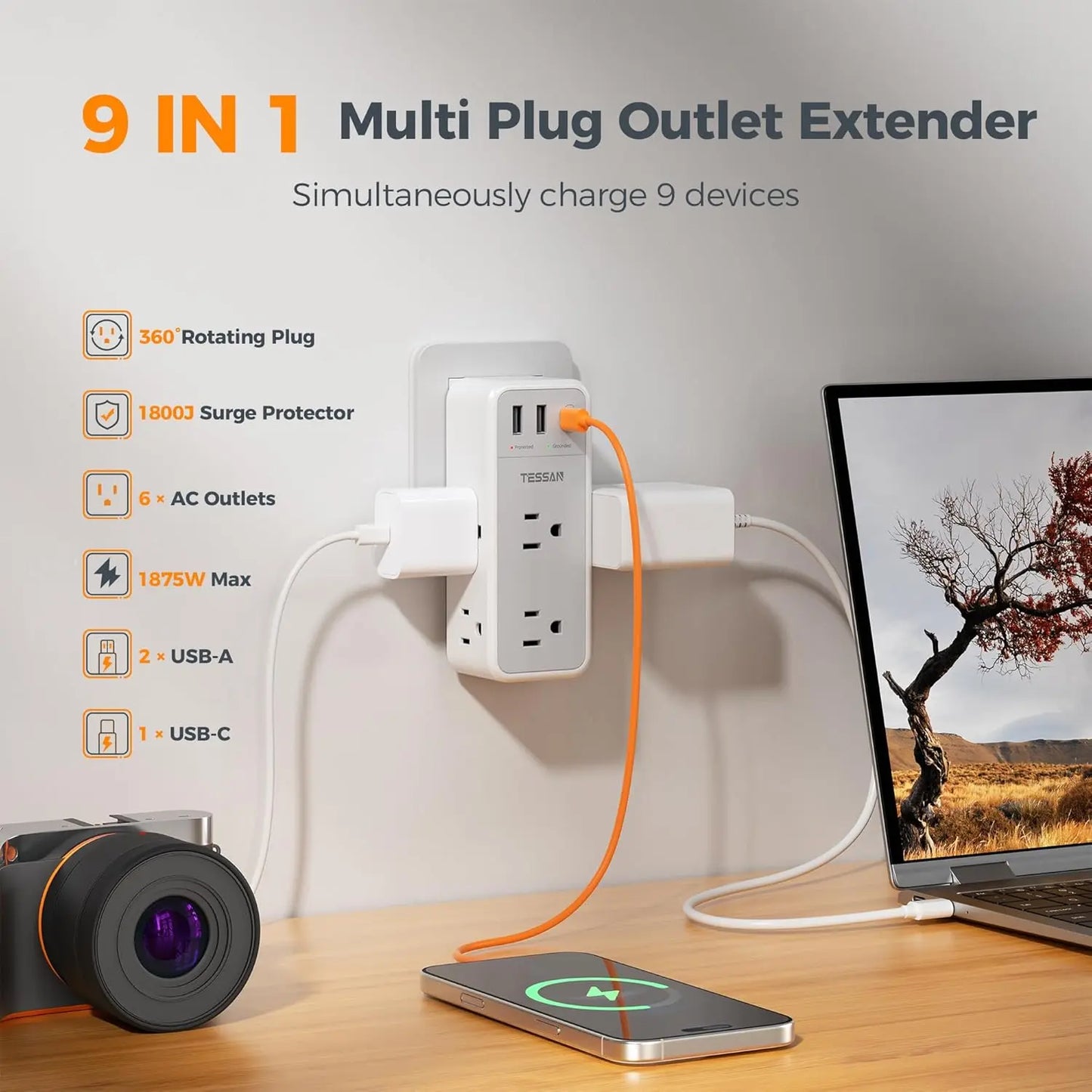 TESSAN Multi Plug Wall Outlet Splitter with 360 Rotating Plug, TESSAN 1800J Surge Protector Outlet Extender with 6 AC and 3 USB Ports (1 USB C), 1875W, 3 Sided Wall Socket Expander for Home Office Dorm Room