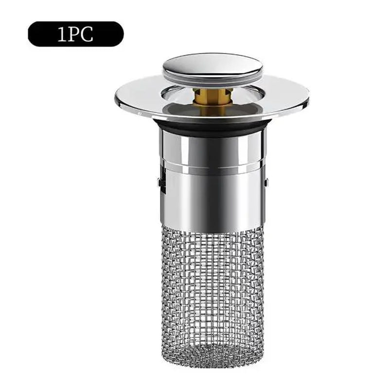 Universal Pop-Up Sink Drain Stopper with Stainless Steel Filter Basket Anti-Clog Debris Catcher Easy Install for Bathroom Kitchen