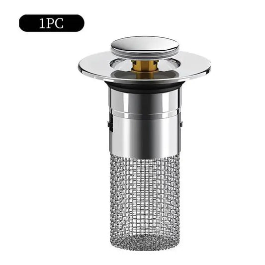 Universal Pop-Up Sink Drain Stopper with Stainless Steel Filter Basket Anti-Clog Debris Catcher Easy Install for Bathroom Kitchen