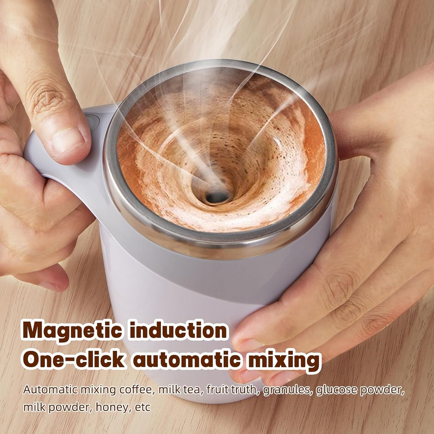 Rechargeable Automatic Stirring Coffee Mug, Stainless Steel White