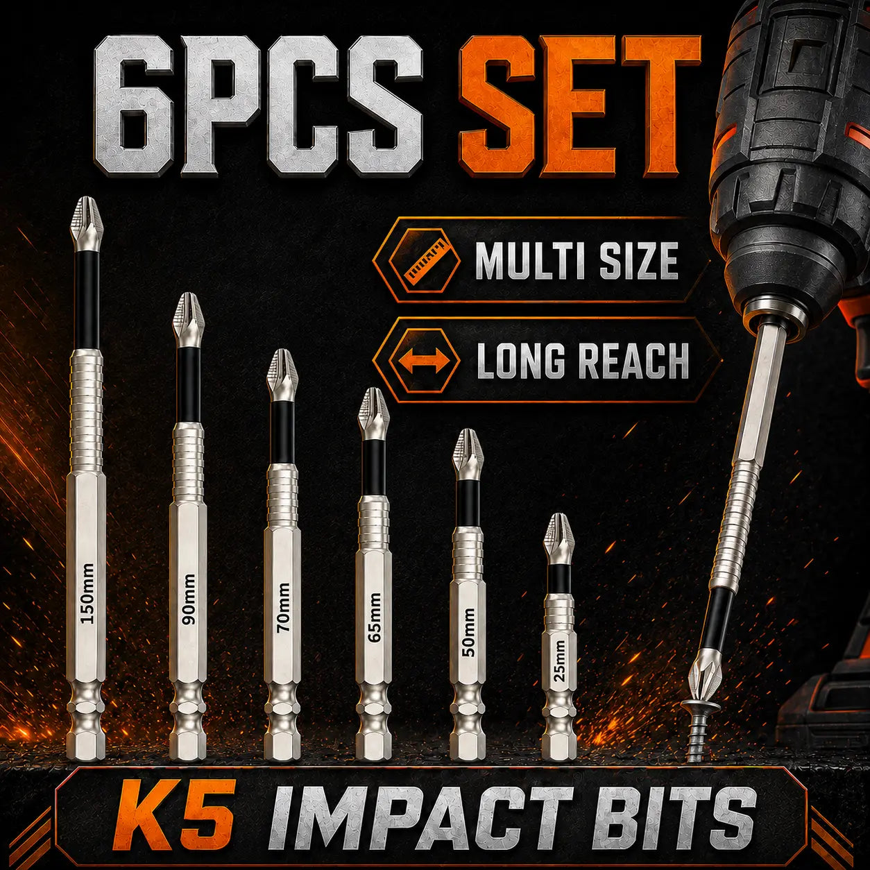 6/9PCS Magnetic Driver Bit Set, S2 Steel Phillips Screwdriver Bits 25Mm-150Mm, 1/4 Inch Hex Shank Anti-Slip Power Bits for Drill and Electric Screwdriver Strong Titanium Alloy Impact Non-Slip