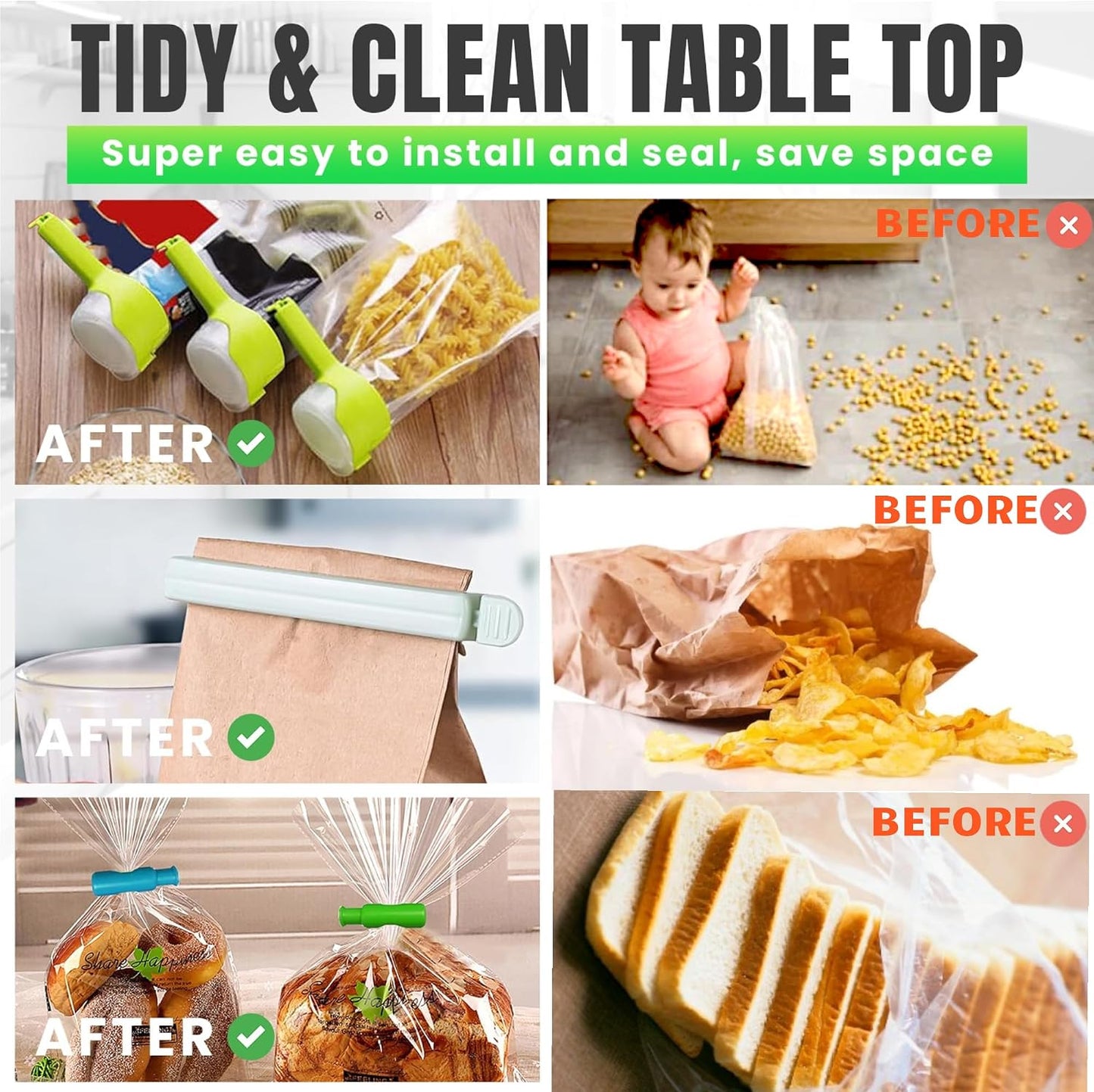 Bag Sealer Clips- Mix Pack: 12 Multisize Clips, 4 Squeeze-And-Lock for Bread Bags, 2 with Pour Spouts – for Airtight Freshness and Spill-Free Storage