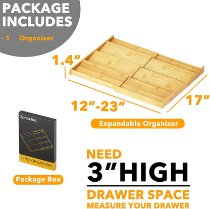 Bamboo Spice Drawer Organizer, (Need 3" Deep Drawer) Expandable 4 Tier Spices Rack for Cabinet, Kitchen Seasoning Storage Insert (Jars Not Included, from 12" to 23" Wide)