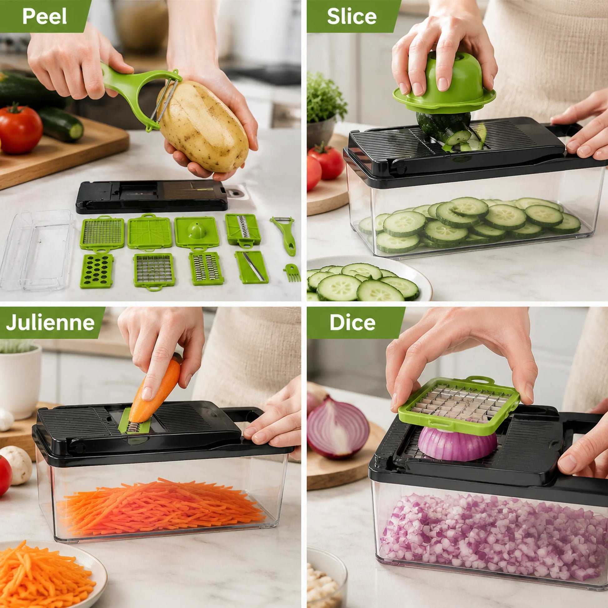 15-In-1 Transparent Mandoline Slicer & Vegetable Chopper Set, Multi-Functional Dicer Shredder with Storage Container, Safe Ergonomic Kitchen Utensils, Easy-To-Clean Meal Prep Gadget for Onions, Carrots, Potatoes & Vegetables