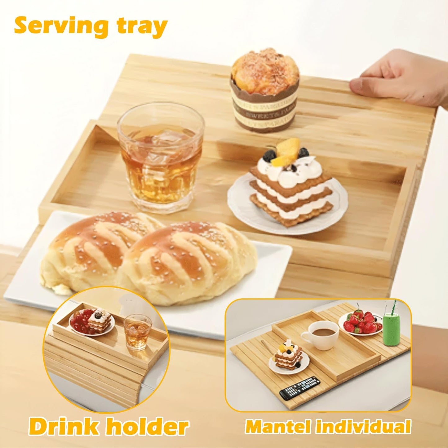 Foldable Bamboo Couch Arm Tray, Portable Armrest Caddy Tray for Sofa