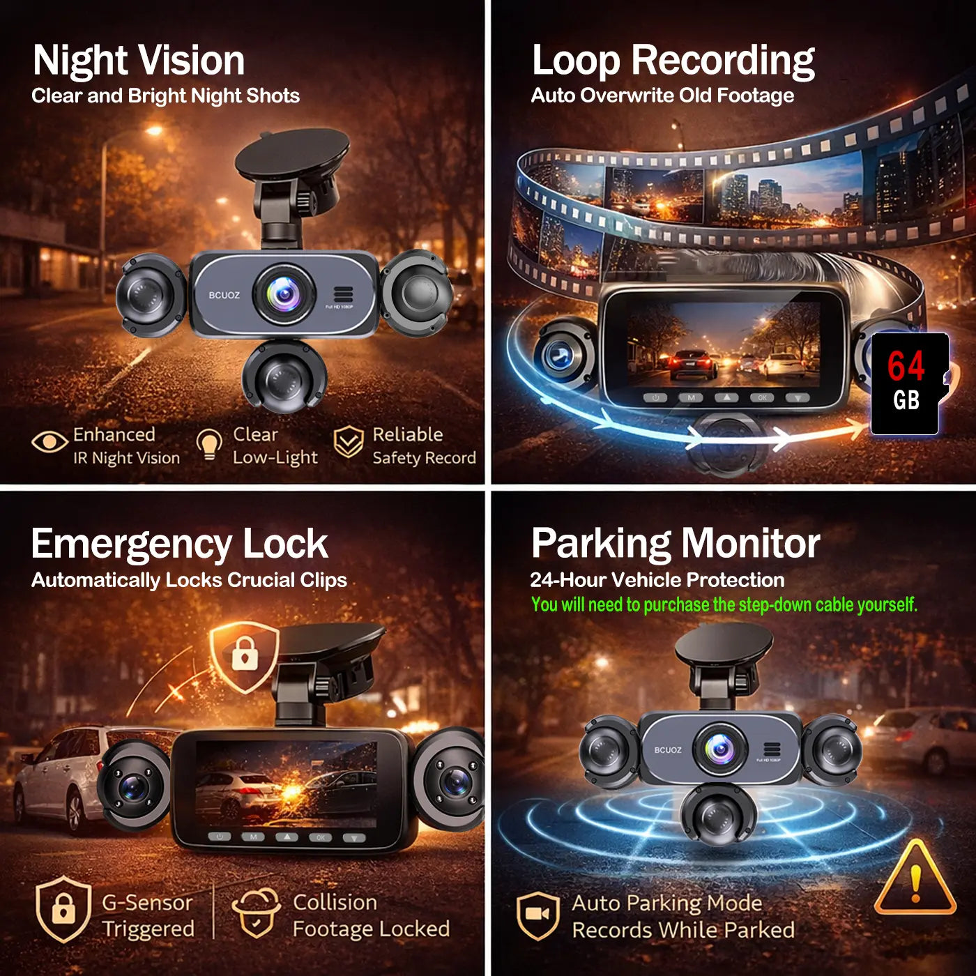BCUOZ 5-Channel Full HD 1080P Car Dash Cam with 64GB Memory Card,Requires Charging to Use,1080P Front + Rear+ Inside/Left/Right Cameras, Loop Recording,Super Night Vision,Car Video Surveillance,24H Parking Mode,Car DVR HD Screen#Summervibes. Outdoorfun