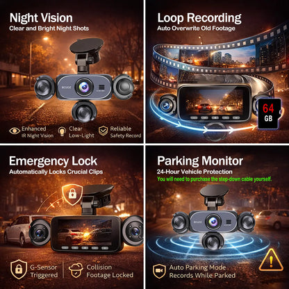 BCUOZ 5-Channel Full HD 1080P Car Dash Cam with 64GB Memory Card,Requires Charging to Use,1080P Front + Rear+ Inside/Left/Right Cameras, Loop Recording,Super Night Vision,Car Video Surveillance,24H Parking Mode,Car DVR HD Screen#Summervibes. Outdoorfun