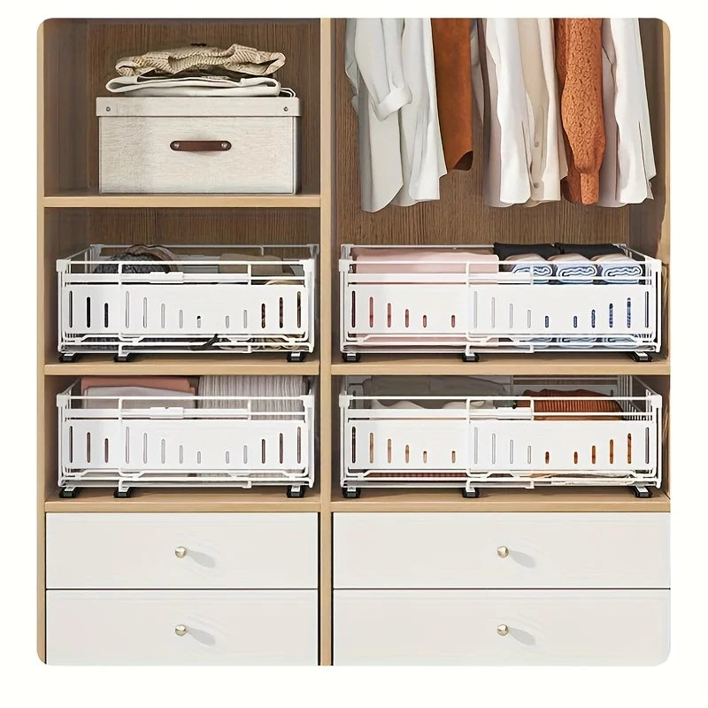 Retractable Drawer Organizer Basket-Under-Cabinet/Pull-Out Shelf with Space-Saving Foldable Design, Stainless Steel Construction