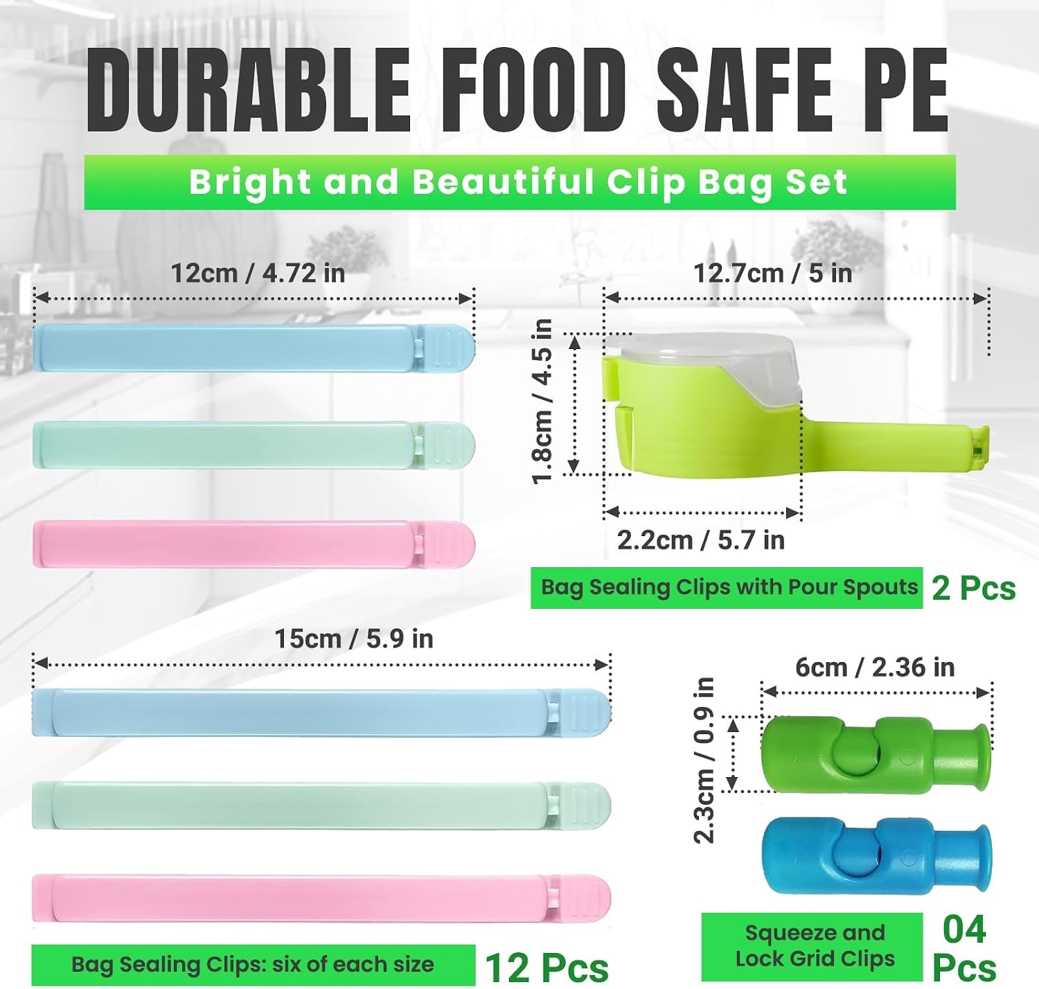 Bag Sealer Clips- Mix Pack: 12 Multisize Clips, 4 Squeeze-And-Lock for Bread Bags, 2 with Pour Spouts – for Airtight Freshness and Spill-Free Storage