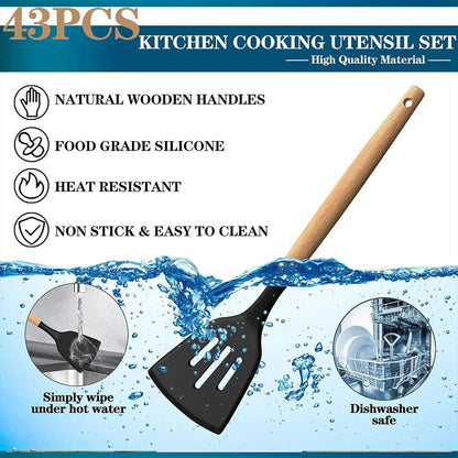45-Piece Silicone Kitchen Utensil Set with Heat-Resistant Wooden Handles, Non-Stick Coating, Multi-Functional Spoons & Spatulas, Easy-To-Clean Cooking Tools