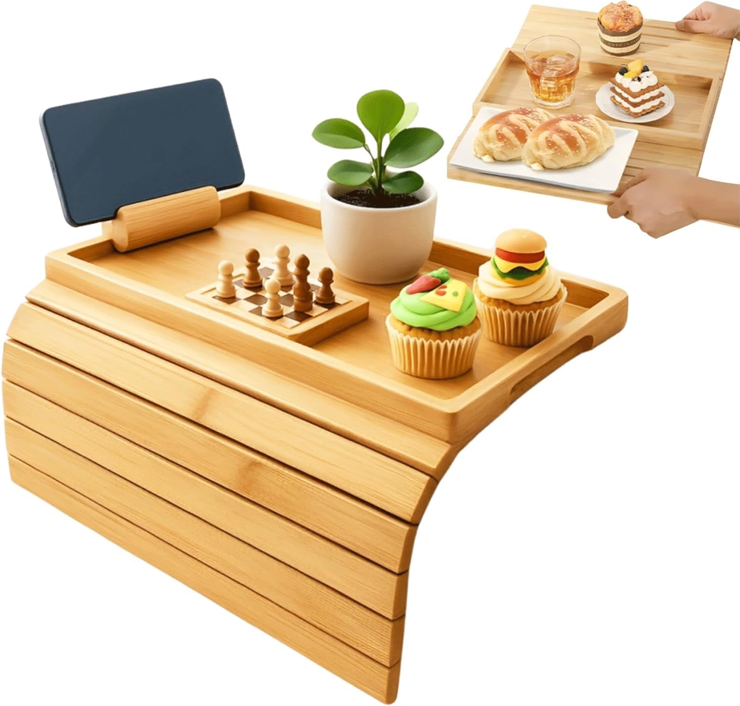 Foldable Bamboo Couch Arm Tray, Portable Armrest Caddy Tray for Sofa