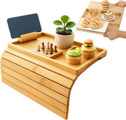 Foldable Bamboo Couch Arm Tray, Portable Armrest Caddy Tray for Sofa